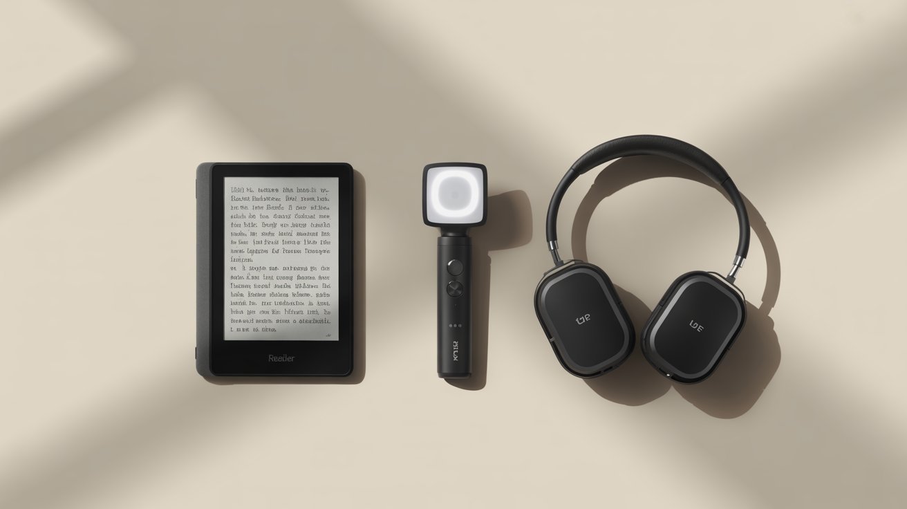 Optional Gadgets Kindle, Selfie Light, Noise-Canceling Headphones