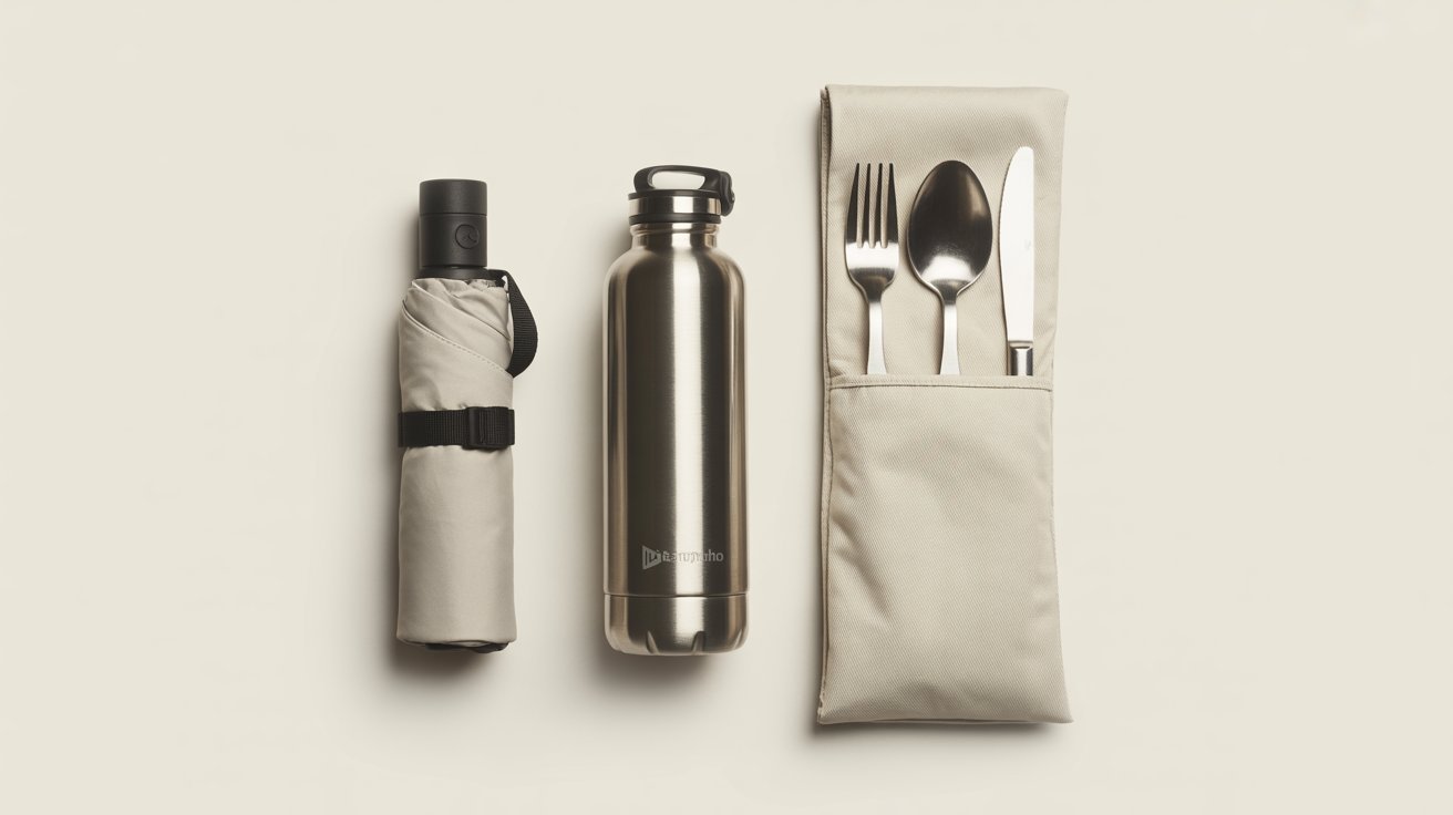 Small Items Umbrella, Reusable Bottles, Travel Cutlery